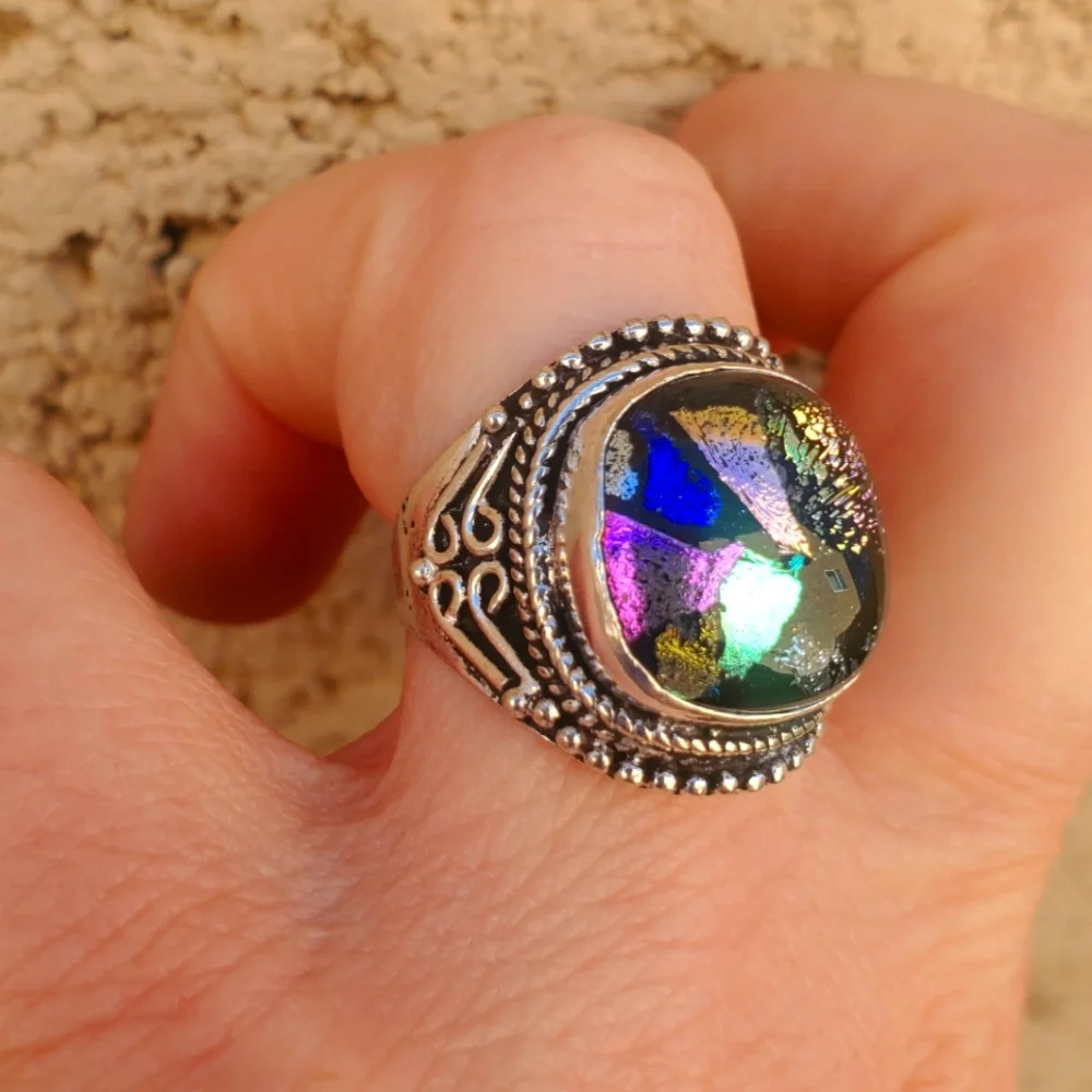 New Dichroic Glass 925 Silver Ring.
